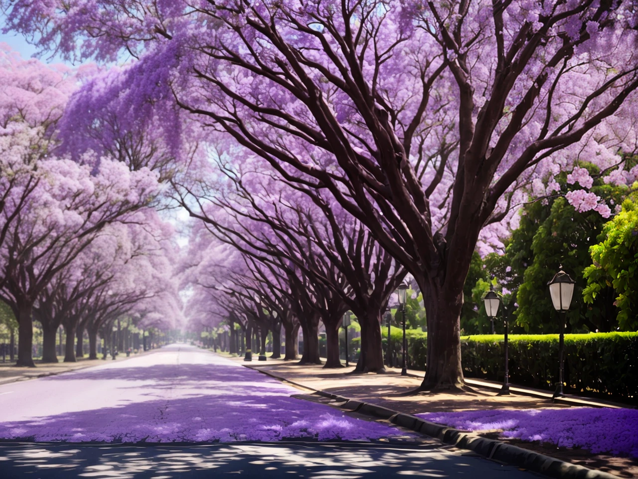Avenida com jacarandás em flor